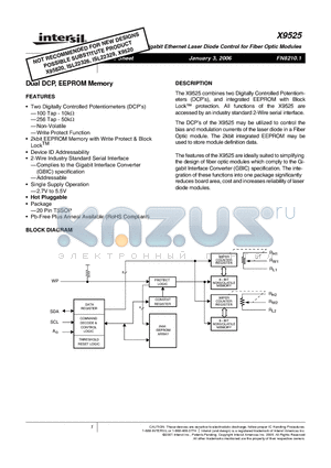 X9525 datasheet - Dual DCP, EEPROM Memory