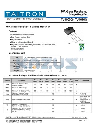 TU1008G datasheet - 10A Glass Passivated Bridge Rectifier