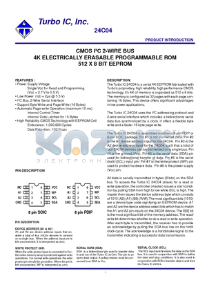 TU24C04BP3 datasheet - CMOS I2C 2-WIRE BUS 4K ELECTRICALLY ERASABLE PROGRAMMABLE ROM 512 X 8 BIT EEPROM