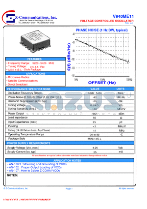 V940ME11 datasheet - LOW COST - HIGH PERFORMANCE VOLTAGE CONTROLLED OSCILLATOR