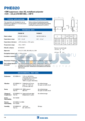 PHE820 datasheet - EMI suppressor, class X2, metallized polyester 0.01 - 2.2 uF, 275/300 VAC, 100
