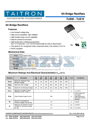 TU606 datasheet - 6A Bridge Rectifiers