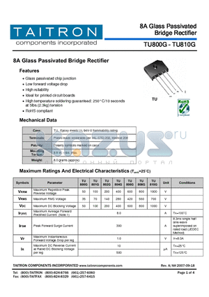 TU802G datasheet - 8A Glass Passivated Bridge Rectifier