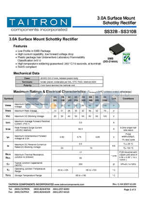 SS39B datasheet - 3.0A Surface Mount Schottky Rectifier