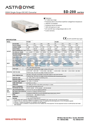 SD-200D datasheet - 200W Single Output DC-DC Converter