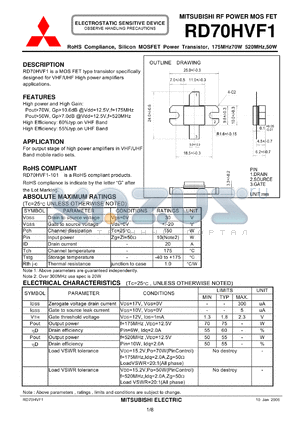 RD70HVF1 datasheet - RoHS Compliance, Silicon MOSFET Power Transistor, 175MHz70W 520MHz,50W