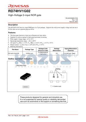 RD74HV1G02 datasheet - High-Voltage 2-input NOR gate