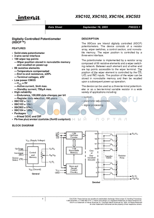 X9C103PIZ datasheet - Digitally Controlled Pot (XDCP)