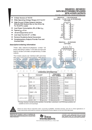SN54HC251W datasheet - DATA SELECTORS/MULTIPLEXERS WITH 3-STATE OUTPUTS