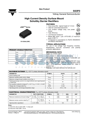 SS3P3-E3/84A datasheet - High Current Density Surface Mount Schottky Barrier Rectifiers