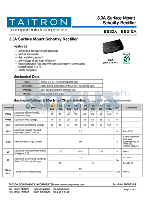 SS39A datasheet - 3.0A Surface Mount Schottky Rectifier