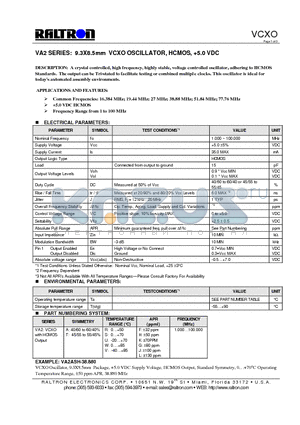VA2ARK datasheet - 9.3 X 8.5mm VCXO OSCILLATOR, HCMOS, 5.0 VDC