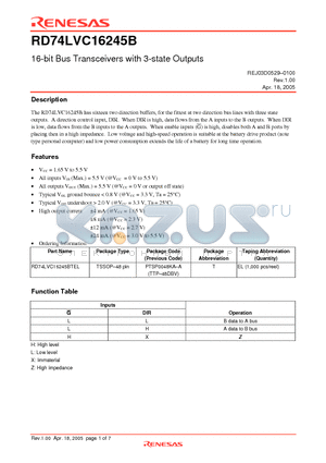 RD74LVC16245BTEL datasheet - 16-bit Bus Transceivers with 3-state Outputs