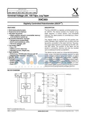 X9C303S8 datasheet - Digitally Controlled Potentiometer (XDCP)