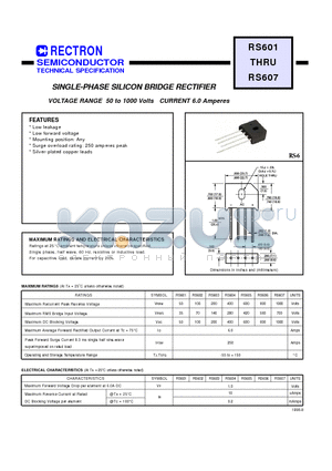 RS601 datasheet - SINGLE-PHASE SILICON BRIDGE RECTIFIER (VOLTAGE RANGE 50 to 1000 Volts CURRENT 6.0 Amperes)