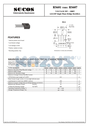 RS601 datasheet - VOLTAGE 50V ~ 1000V 6.0AMP Single Phase Bridge Rectifiers