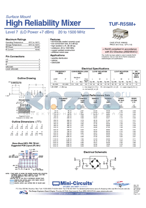 TUF-R5SM datasheet - High Reliability Mixer Level 7 (LO Power 7 dBm) 20 to 1500 MHz