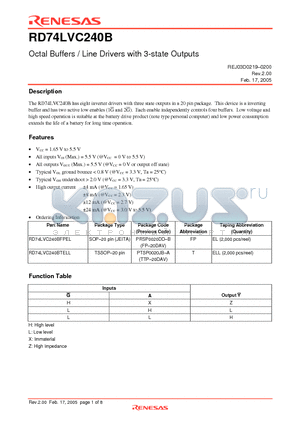 RD74LVC240BFPEL datasheet - Octal Buffers / Line Drivers with 3-state Outputs