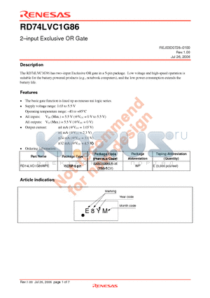 RD74LVC1G86 datasheet - 2-input Exclusive OR Gate