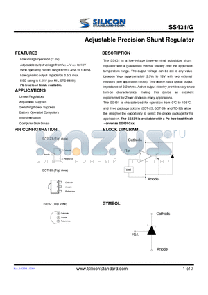 SS431NBTR datasheet - Adjustable Precision Shunt Regulator