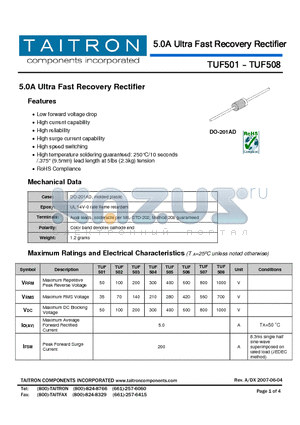TUF501 datasheet - 5.0A Ultra Fast Recovery Rectifier