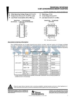 SN54HC4040 datasheet - 12-BIT ASYNCHRONOUS BINARY COUNTERS