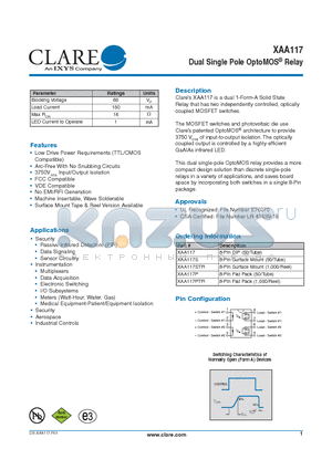 XAA117S datasheet - Dual Single Pole OptoMOS^ Relay