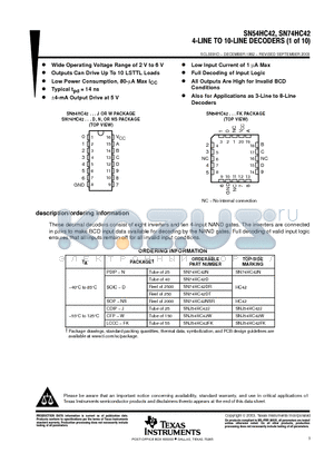 SN54HC42J datasheet - 4-LINE TO 10-LINE DECODERS(1 OF 10)