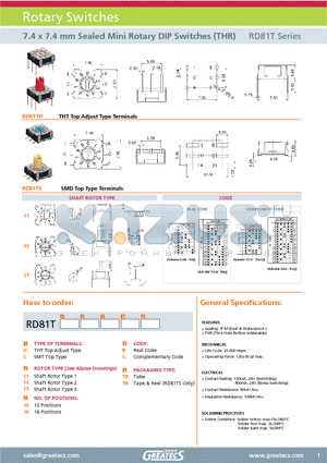 RD81THS116STB datasheet - 7.4 x 7.4 mm Sealed Mini Rotary DIP Switches (THR)