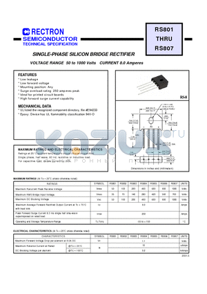 RS801 datasheet - SINGLE-PHASE SILICON BRIDGE RECTIFIER (VOLTAGE RANGE 50 to 1000 Volts CURRENT 8.0 Amperes)