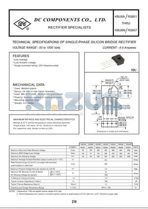 RS801 datasheet - TECHNICAL SPECIFICATIONS OF SINGLE-PHASE SILICON BRIDGE RECTIFIER