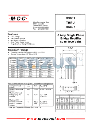 RS801 datasheet - 8 Amp Single Phase Bridge Rectifier 50 to 1000 Volts