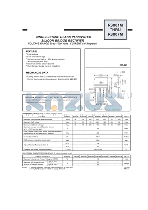 RS801M_10 datasheet - SINGLE-PHASE GLASS PASSIVATED SILICON BRIDGE RECTIFIER VOLTAGE RANGE 50 to 1000 Volts CURRENT 8.0 Amperes
