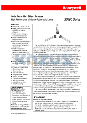SS490 datasheet - Solid State Hall Effect Sensors High Performance Miniature Ratiometric Linear