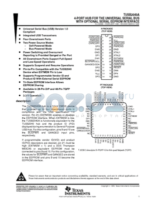TUSB2040 datasheet - 4-PORT HUB FOR THE UNIVERSAL SERIAL BUS WITH OPTIONAL SERIAL EEPROM INTERFACE