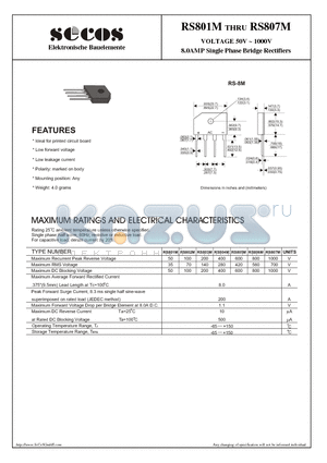 RS804M datasheet - VOLTAGE 50V ~ 1000V 8.0AMP Single Phase Bridge Rectifiers