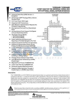 TUSB2046BIVFR datasheet - 4-PORT HUB FOR THE UNIVERSAL SERIAL BUS WITH OPTIONAL SERIAL EEPROM INTERFACE