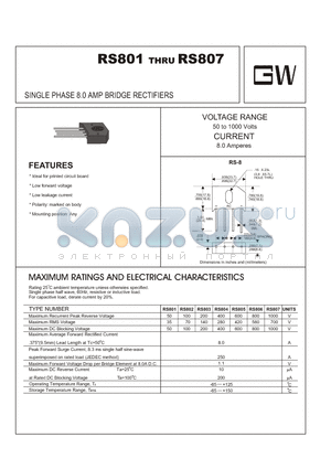 RS805 datasheet - SINGLE PHASE 8.0 AMP BRIDGE RECTIFIERS