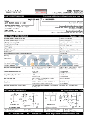 VAC100AC datasheet - 14 Pin and 8 Pin / HCMOS/TTL / VCXO Oscillator