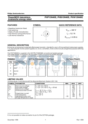 PHP13N40E datasheet - PowerMOS transistors Avalanche energy rated