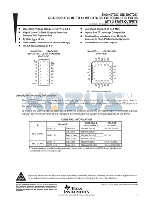 SN54HCT257 datasheet - QUADRUPLE 2-LINE TO 1-LINE DATA SELECTORS/MULTIPLEXERS WITH 3-STATE OUTPUTS
