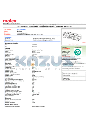 SD-44150-002 datasheet - Modular Jack, Right Angle, Low Profile, 8/8, 2 Ports