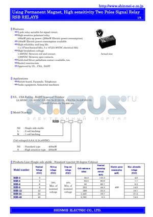 RSB-9-S datasheet - Using Permanent Magnet, High sensitivity Two Poles Signal Relay RSB RELAYS