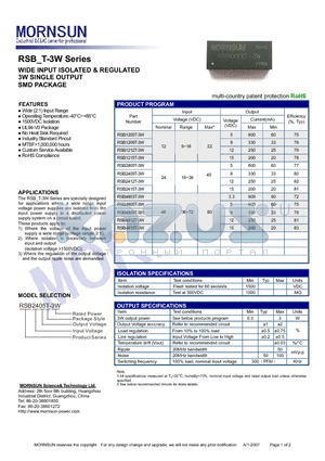 RSB4812T-3W datasheet - 3W SINGLE OUTPUT SMD PACKAGE
