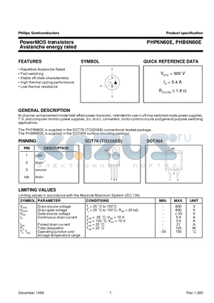 PHP6N60E datasheet - PowerMOS transistors Avalanche energy rated