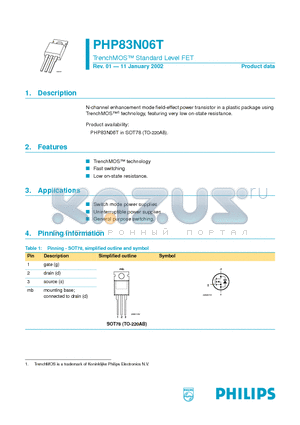 PHP83N06T datasheet - TrenchMOS Standard Level FET