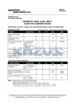 SS5819UR-1 datasheet - HERMETIC AXIAL LEAD / MELF SCHOTTKY BARRIER DIODE