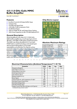 XB1007-BD datasheet - 4.0-11.0 GHz GaAs MMIC Buffer Amplifier