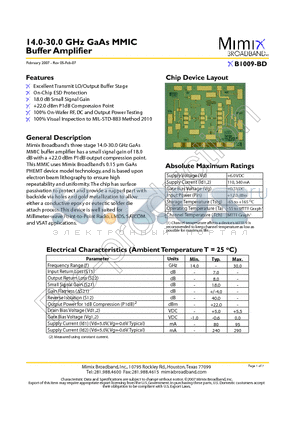 XB1009-BD-000V datasheet - 14.0-30.0 GHz GaAs MMIC Buffer Amplifier