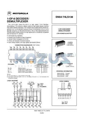 SN54LS138J datasheet - 1-OF-8 DECODER/ DEMULTIPLEXER